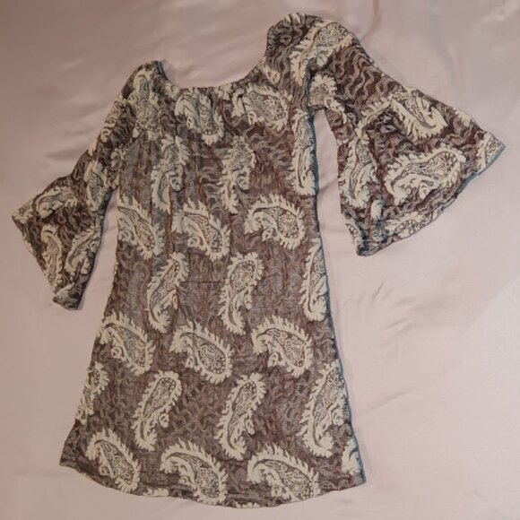 Urban Mangoz Women's LG Dress Natural Green Paisley Retro Bell Sleeve Bohemian - Picture 1 of 11